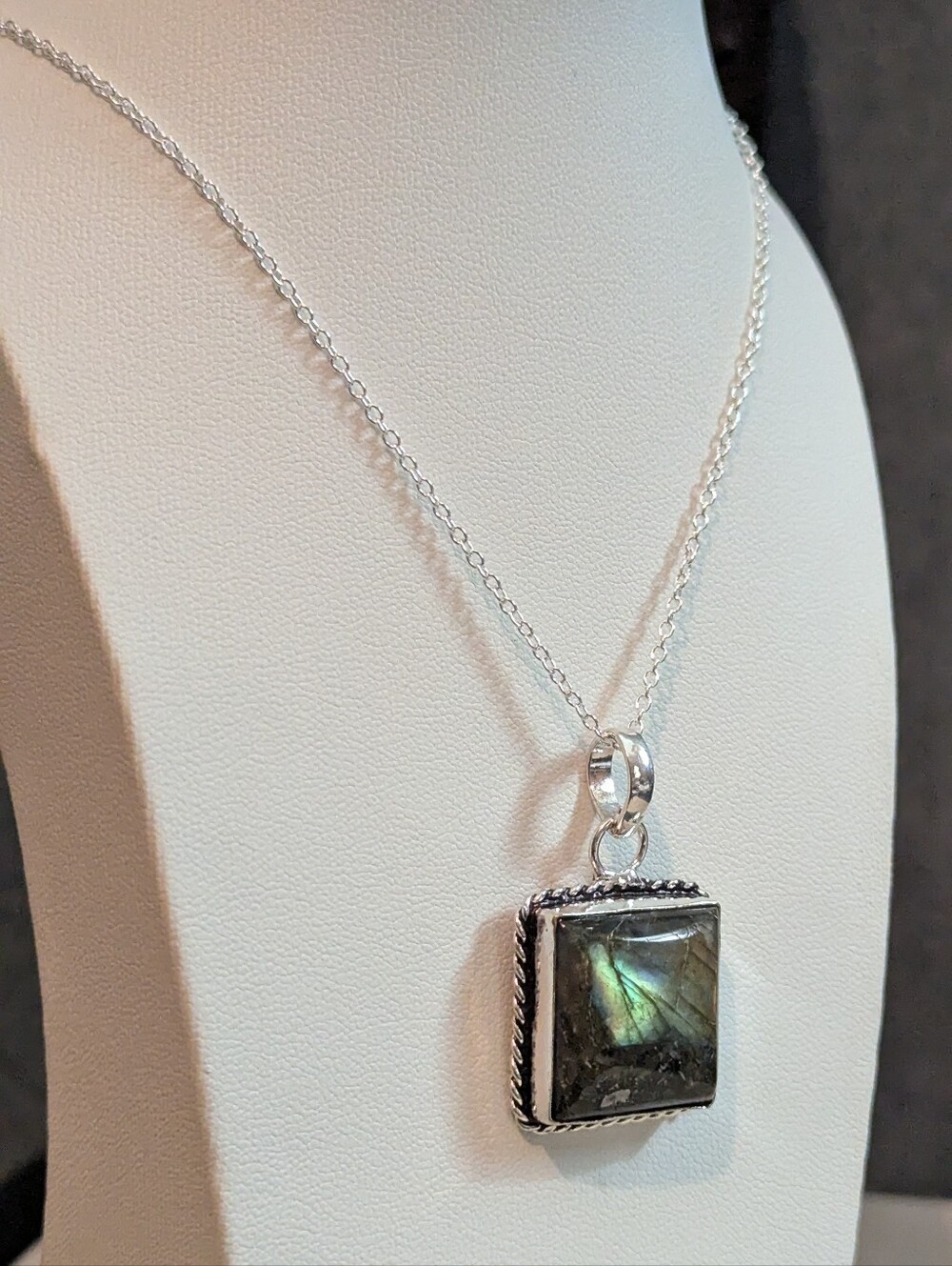Artisan Silver Labradorite Square Pendant Green Blue High Flash P072626-2
